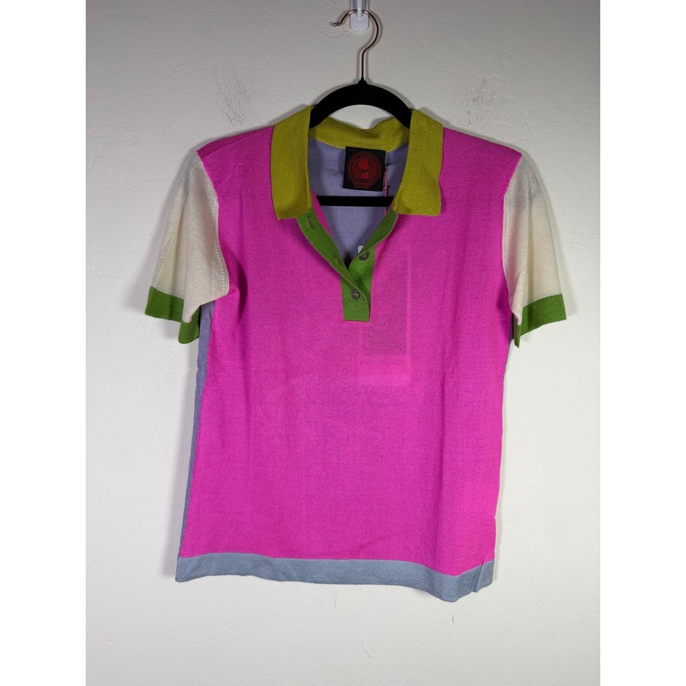 Happy Sheep Silk Cashmere Colorblock Polo Knit Top Pink Lavender